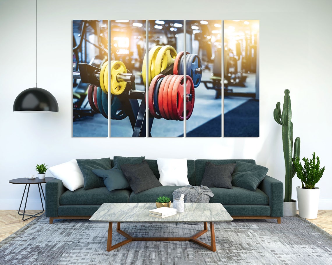 Colorful Weight Plates On Barbell Rack In Modern Gym Wall Art - Image 2