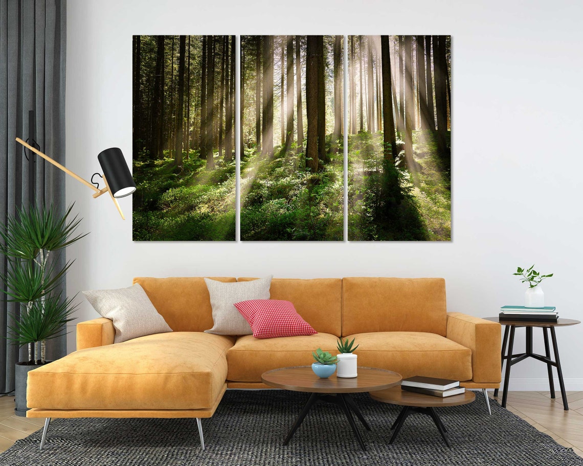 Sunlight Rays Through Tall Forest Trees Three Panel Nature Poster - Image 5