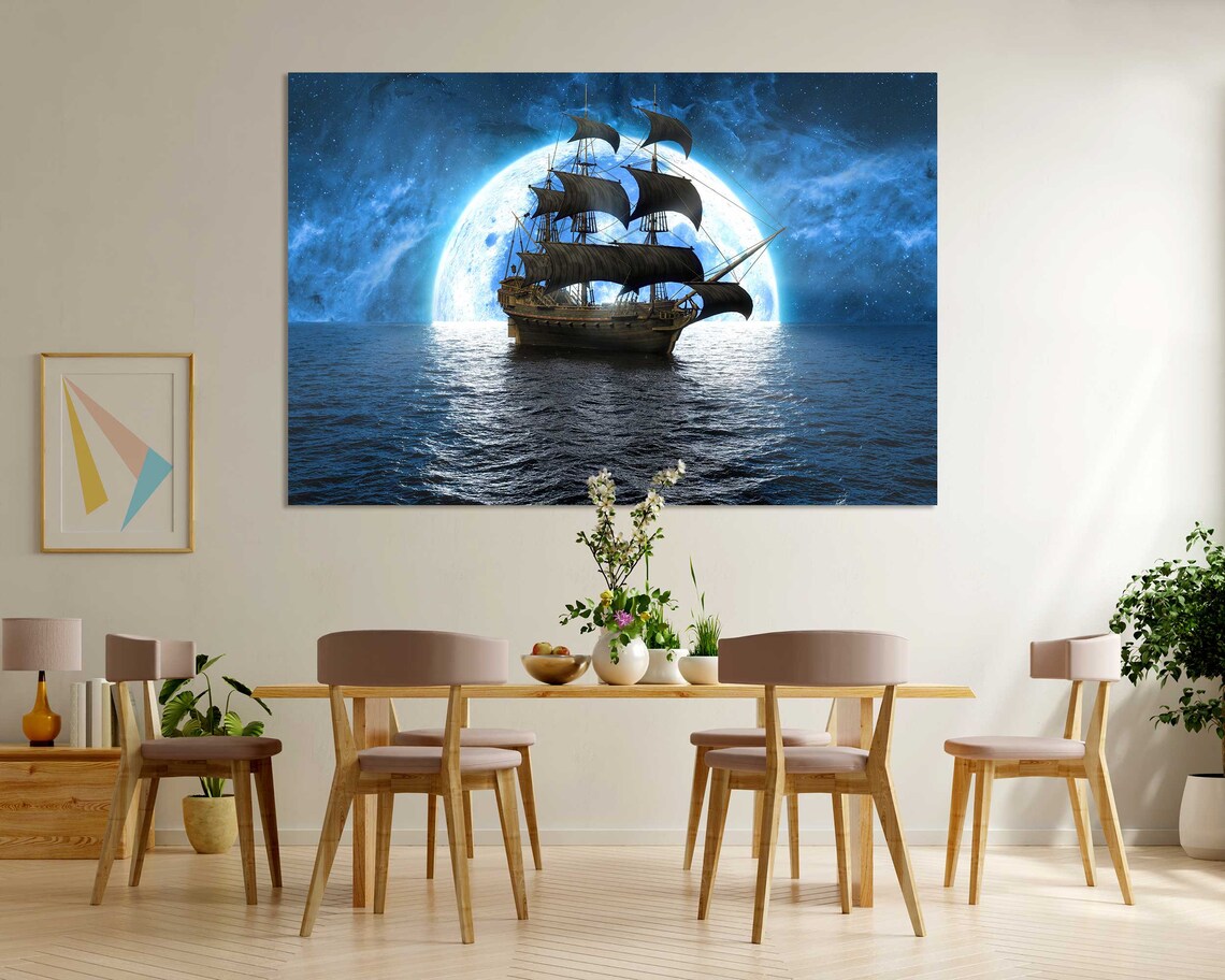 Tall Ship Sailing Under Giant Full Moon Night Seascape Fantasy Poster
