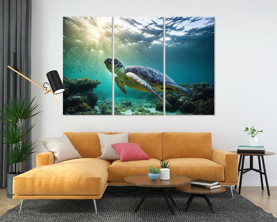 Green Sea Turtle Swimming Underwater Sun Rays Coral Reef Poster - Image 5