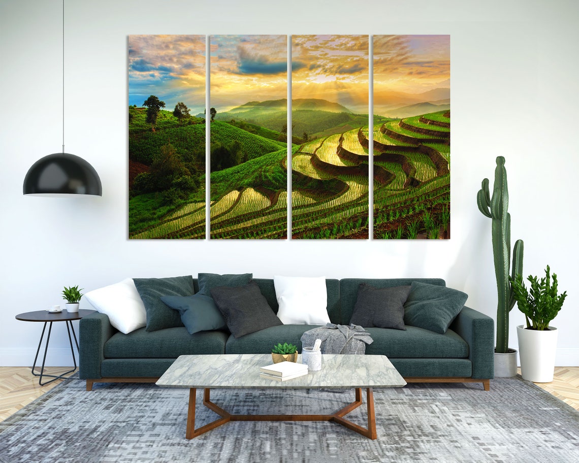 Terraced Rice Fields Sunset Misty Green Hills Golden Light Poster - Image 2