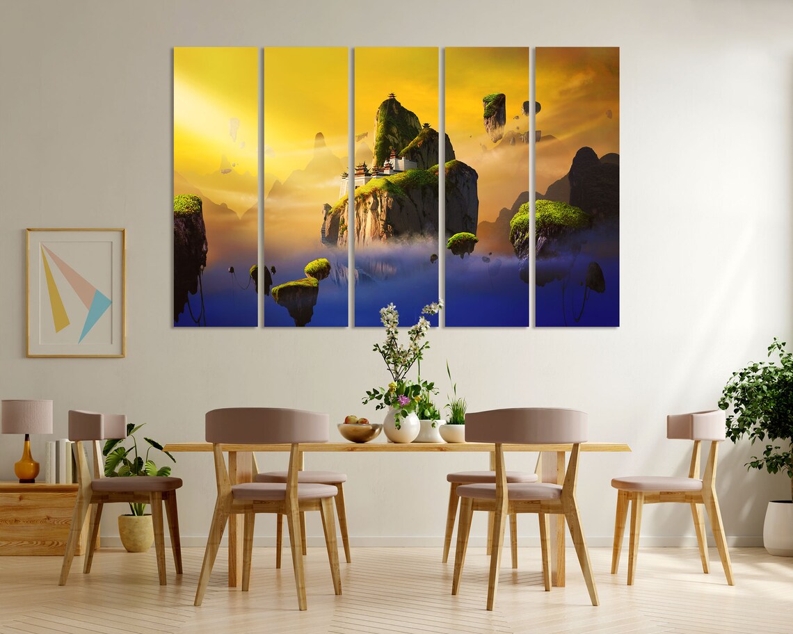 Chinese Fantasy Floating Islands Temple Golden Sunset Sky Art Print - Image 6