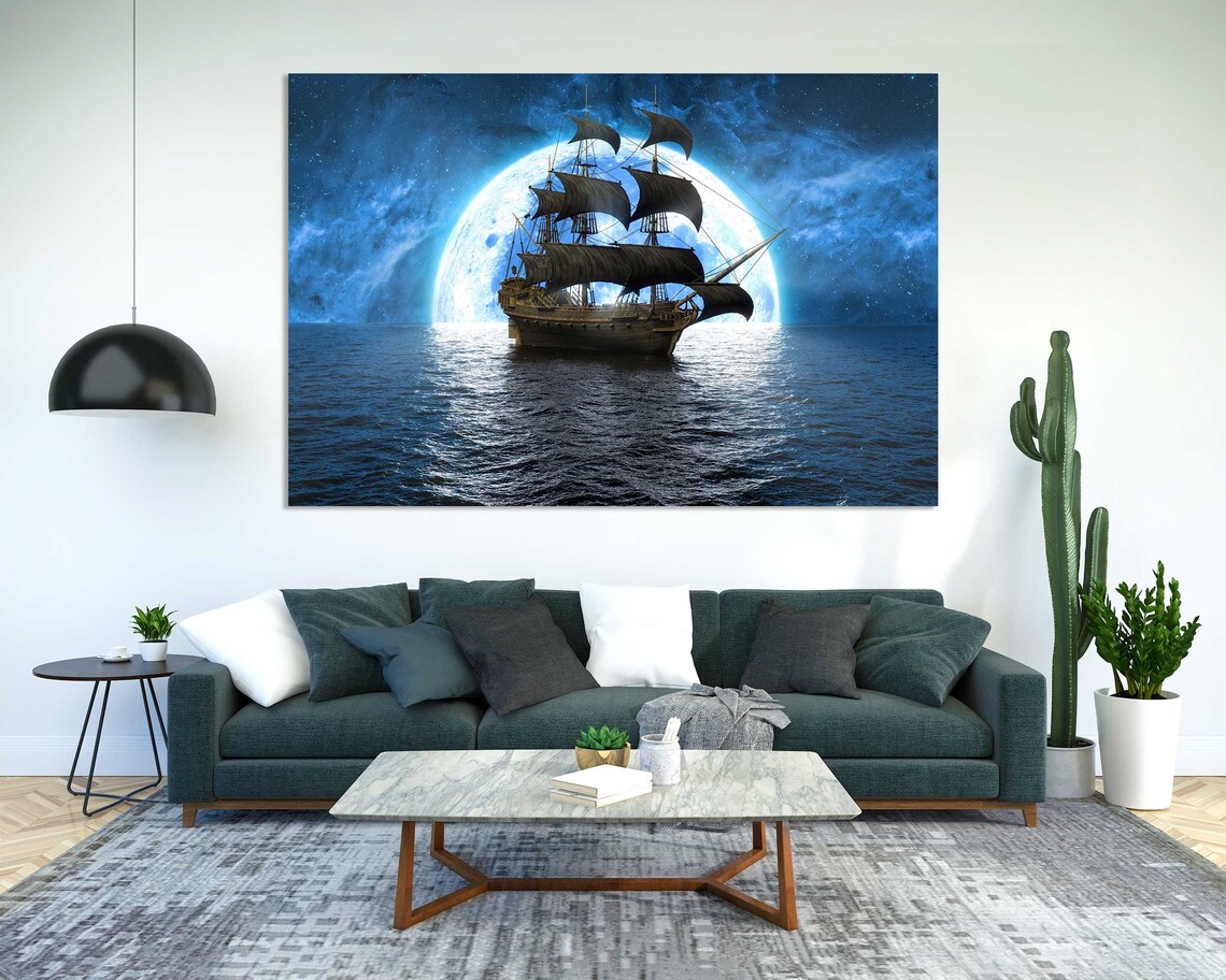 Tall Ship Sailing Under Giant Full Moon Night Seascape Fantasy Poster - Image 2