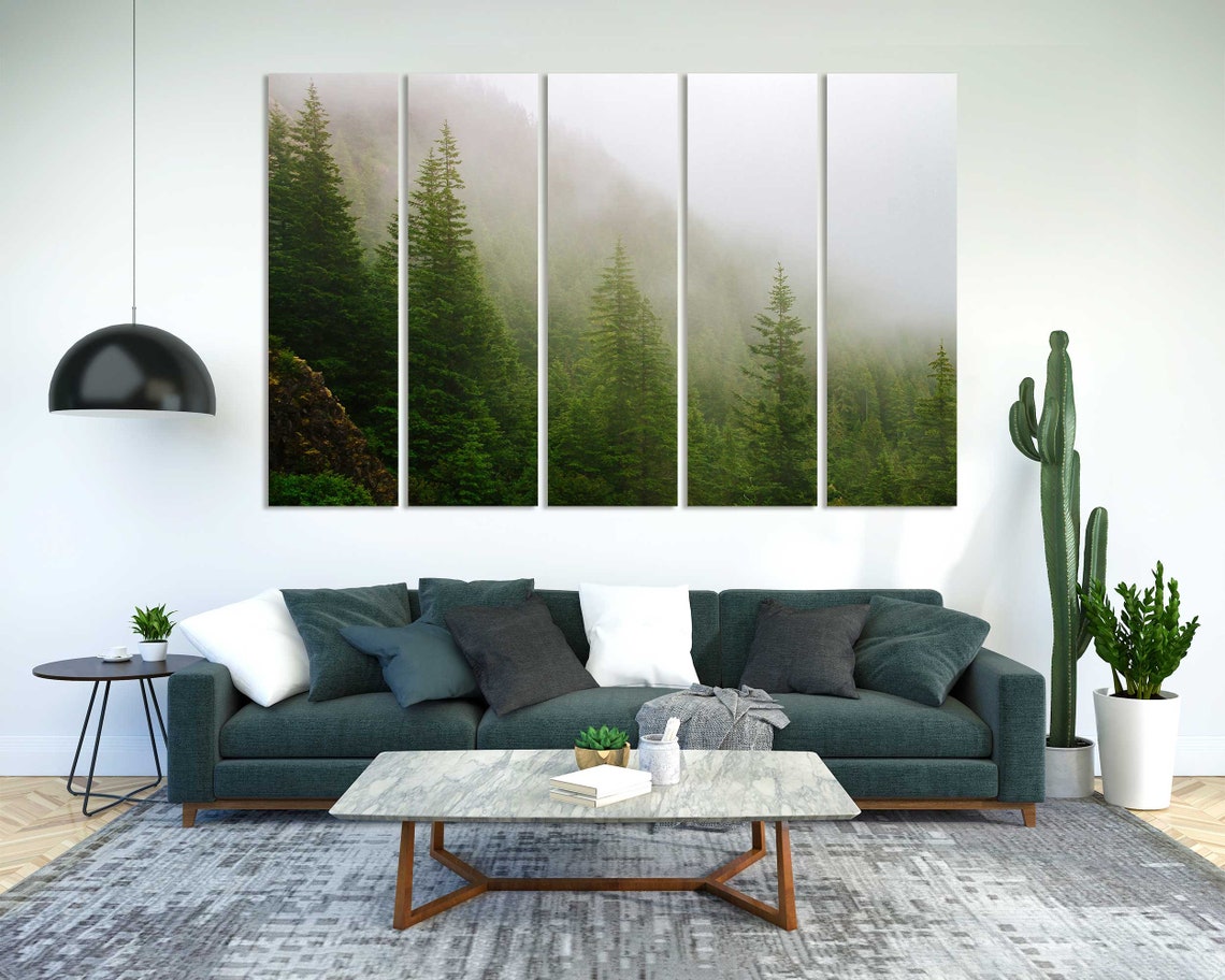 Foggy Green Pine Forest Mountains Mist Three Panel Nature Poster - Image 2