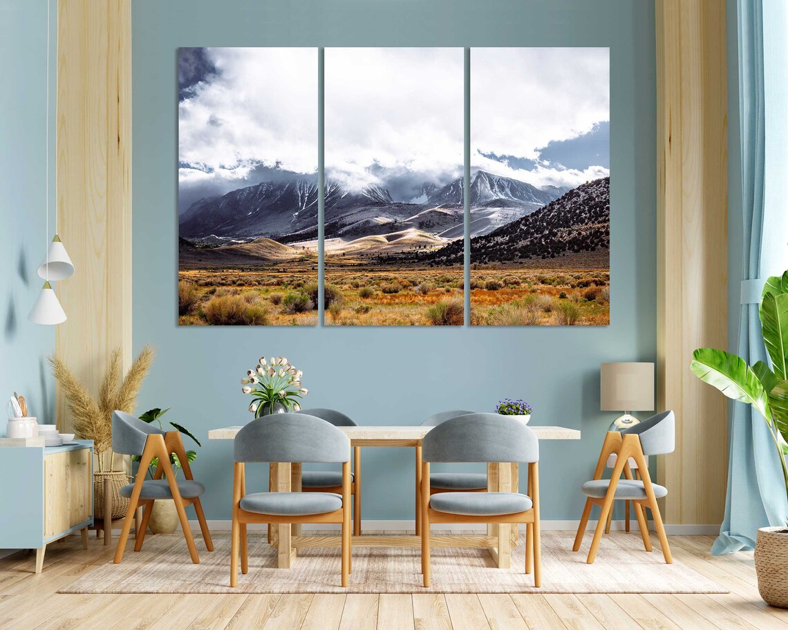 Cloudy Mountains Golden Valley Landscape Triptych Nature Travel Poster - Image 3