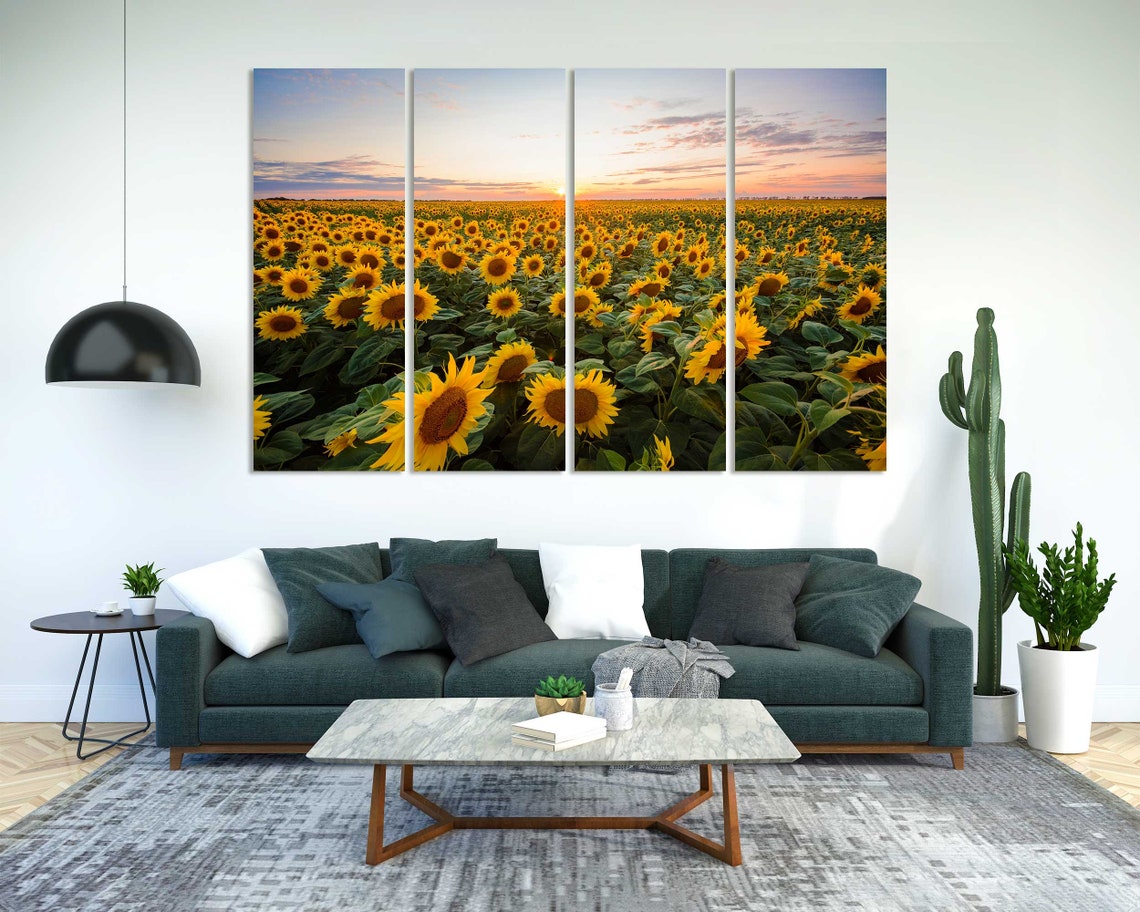 Sunflower Field at Sunset Golden Blooms Horizon 3 Panel Wall Art - Image 2