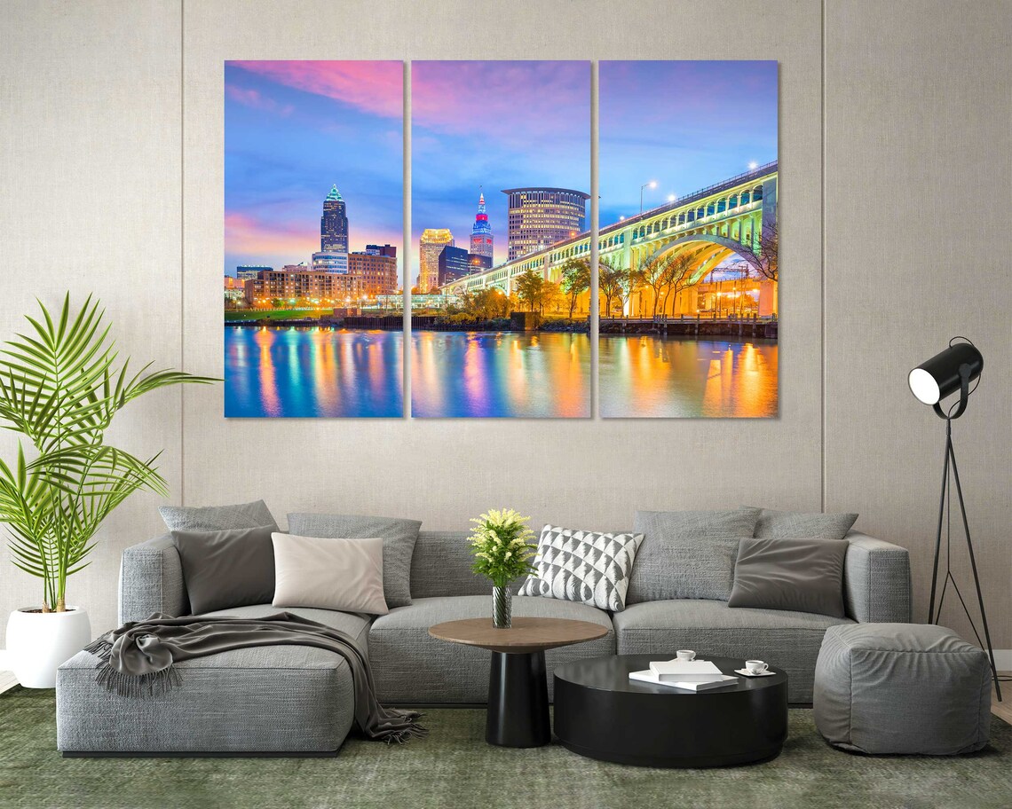 Cleveland Ohio Skyline Sunset Bridge Lights Triptych City View Poster - Image 6