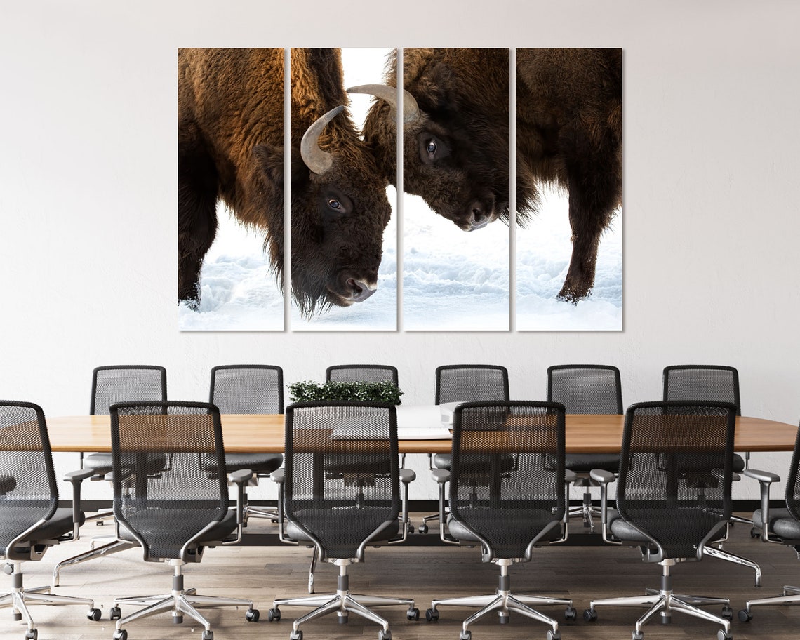 Two Bison Facing Off In The Snow Wildlife Winter Portrait Wall Art - Image 4