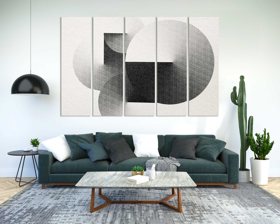 Black And White Geometric Circles Engraving Triptych Abstract Wall Art - Image 2