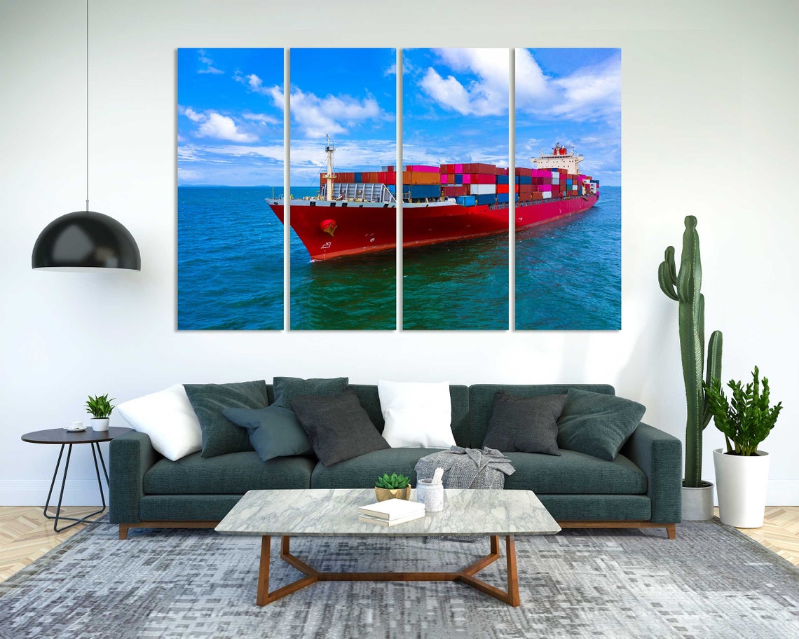 Red Container Cargo Ship Sailing Blue Ocean Quadriptych Sea Art Poster
