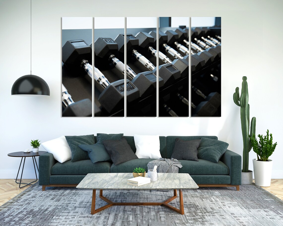 Black Dumbbells on Gym Rack Triptych Powerlifting Fitness Poster - Image 2