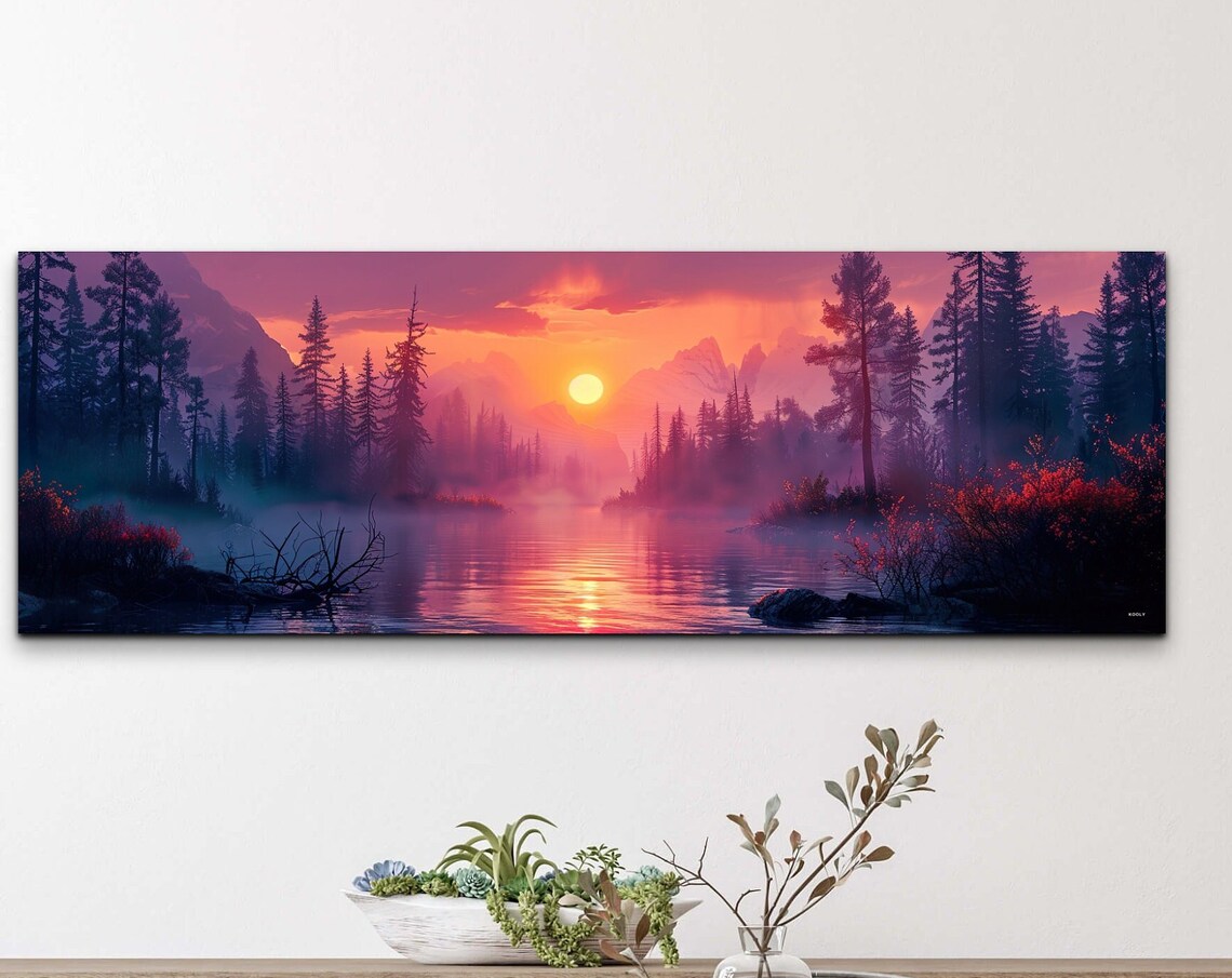 Mountain Lake Sunset Pine Trees Misty Orange Sky Panorama Wall Art