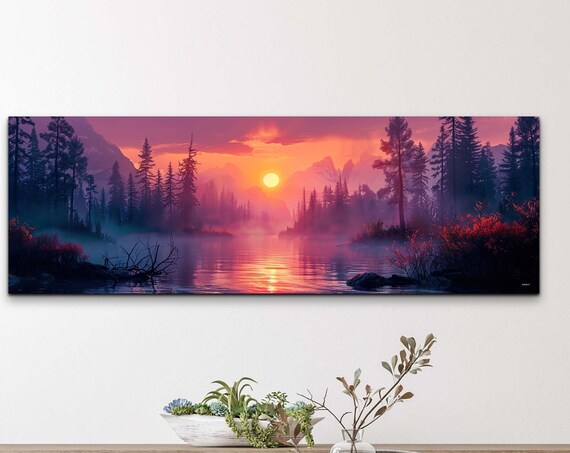 Mountain Lake Sunset Pine Trees Misty Orange Sky Panorama Wall Art