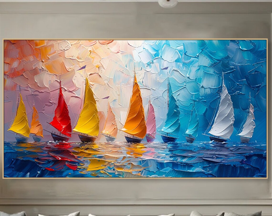 Abstract Sailboat Oil Painting, Colorful Nautical Art Print