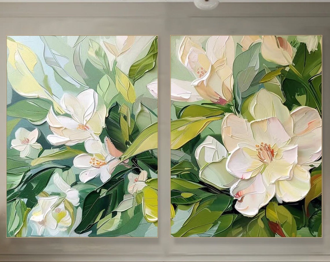 White Flower Blossoms Green Leaves Diptych Textured Floral Poster