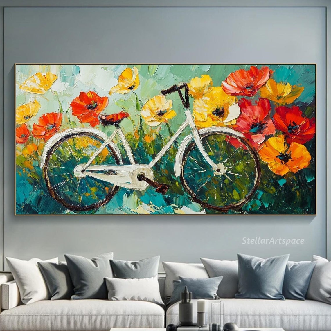 Bicycle Flower Painting On Cavnas 3d Textured Floral Bike Art Modern Impressionist Art Living Room Wall Art Colorful Bike Lover Gift Cyclist