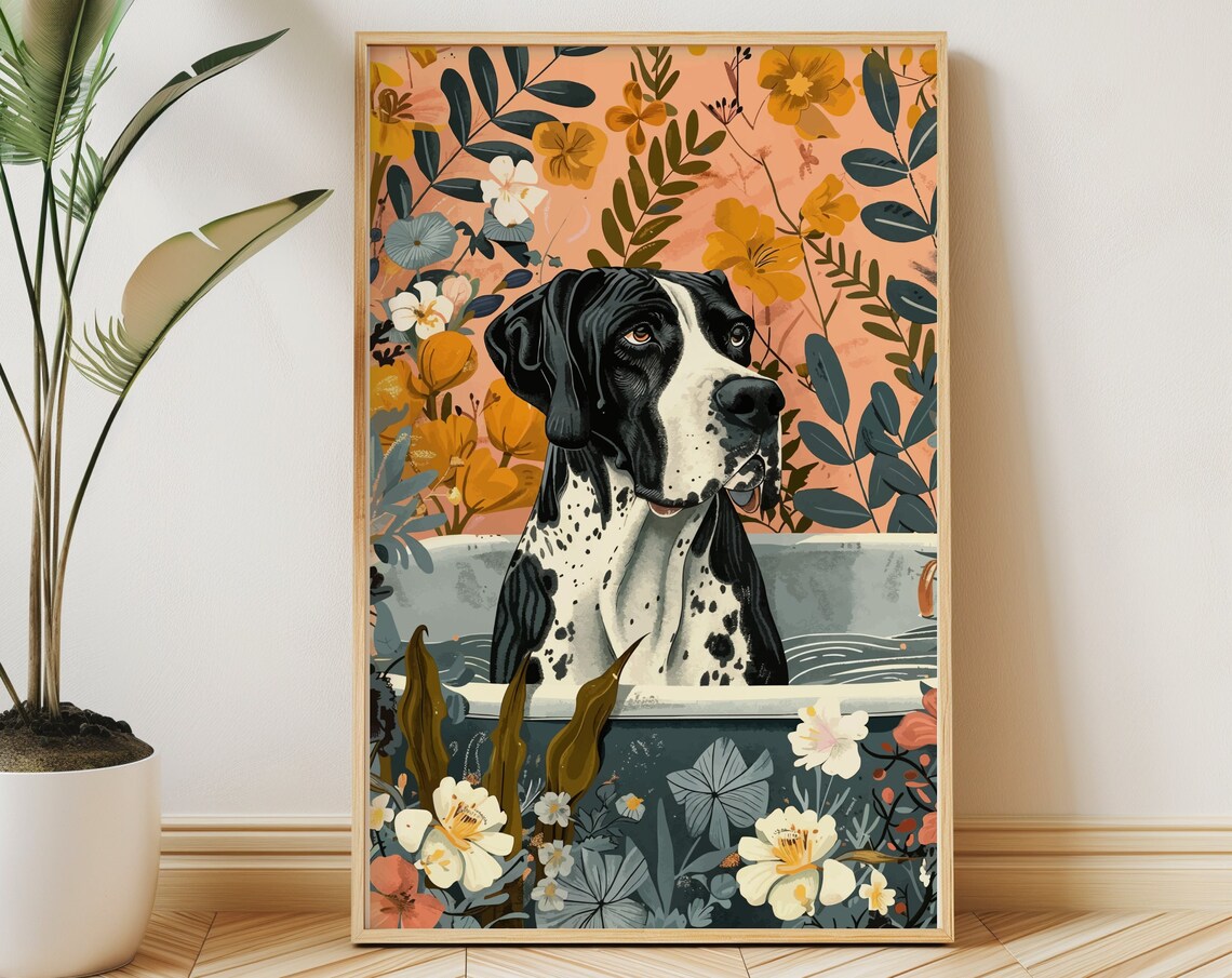 Mantle Great Dane Floral Bathtub Botanical Poster Giant Dog Decor