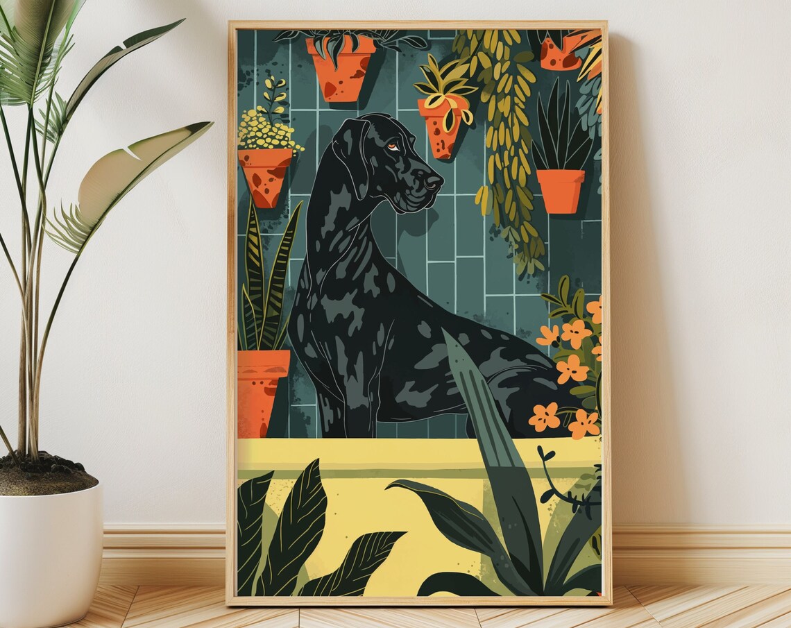 Black Great Dane in Yellow Tub Hanging Garden Dog Wall Poster