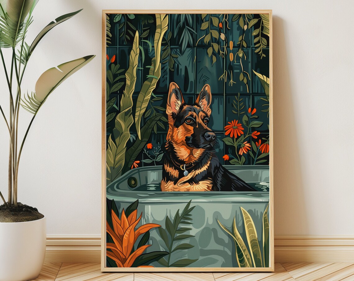 German Shepherd in Bathtub Dark Jungle Botanical Dog Wall Poster