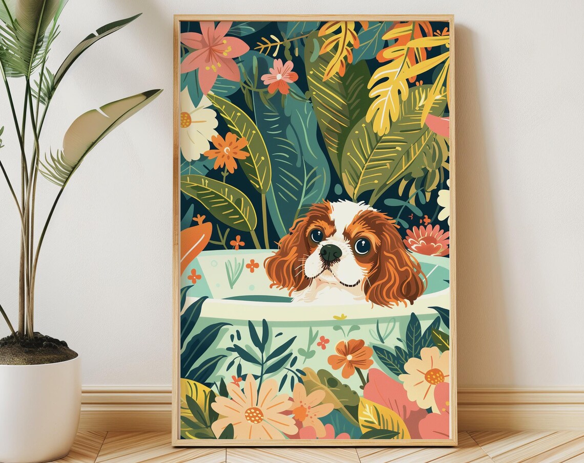 Cavalier King Charles Spaniel Art Print, Boho Jungle