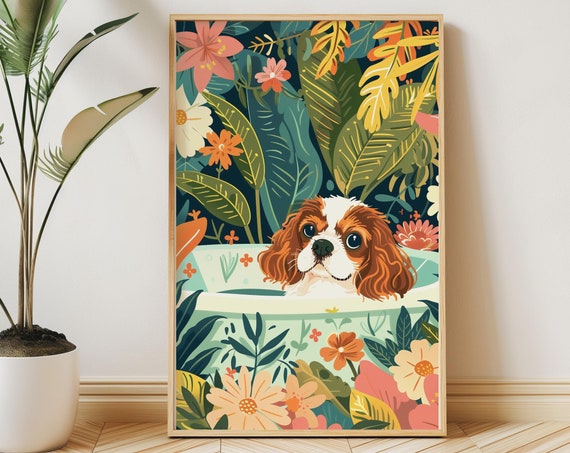Cavalier King Charles Spaniel Art Print, Boho Jungle