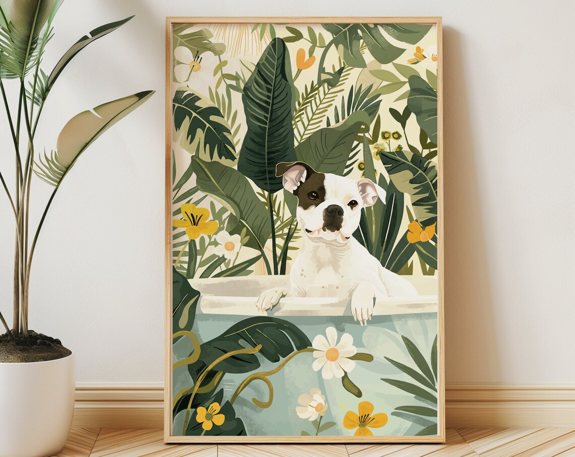 White Staffy Dog in Mint Tub Soft Sage Botanical Decor Poster