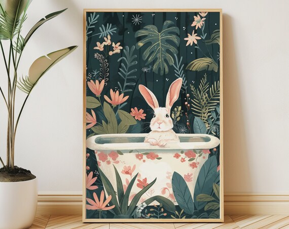 White Bunny in Floral Bathtub Dark Jungle Botanical Whimsical Animal Poster
