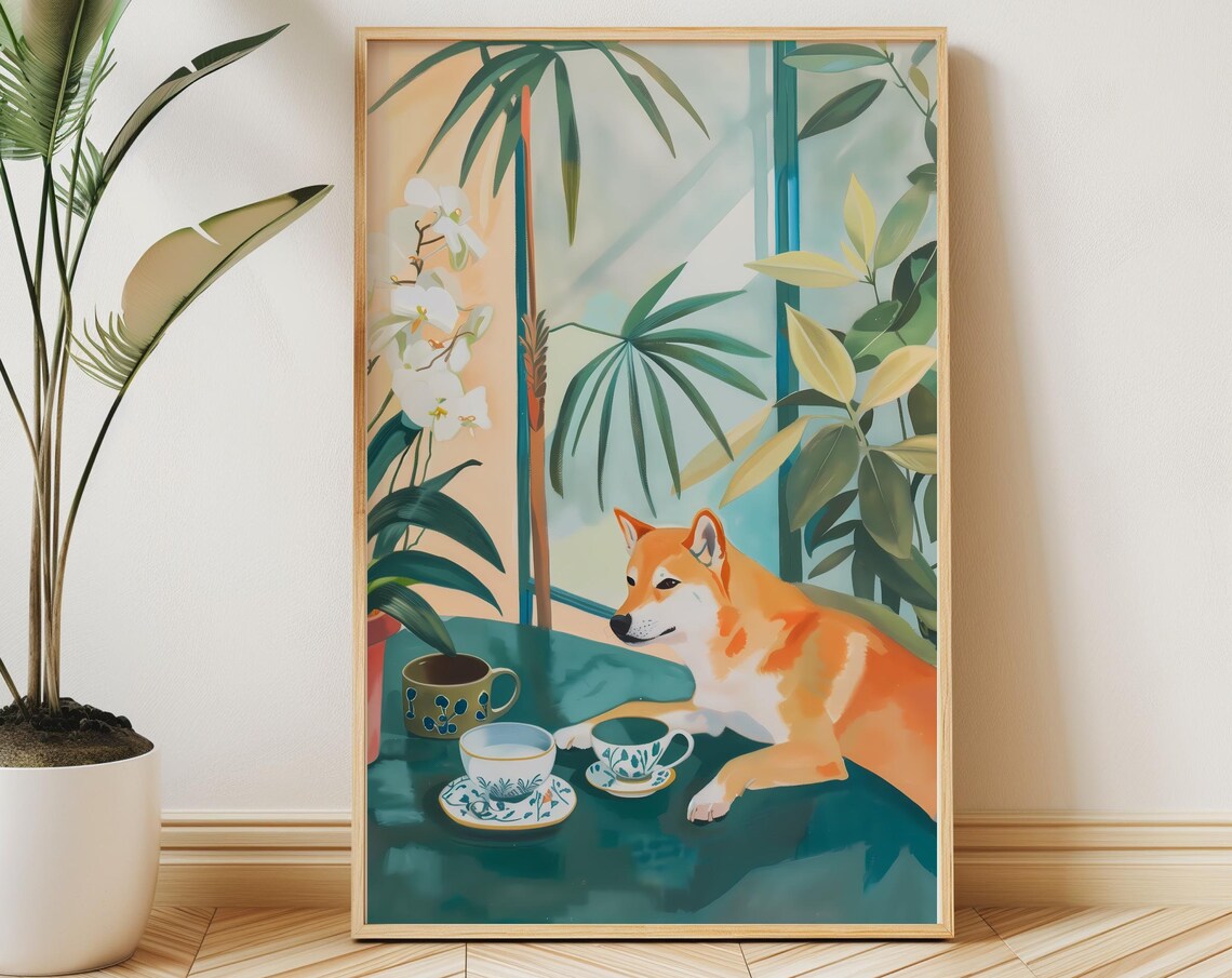 Shiba Inu Tea Time Poster With Tropical Botanical Table Setting Detail