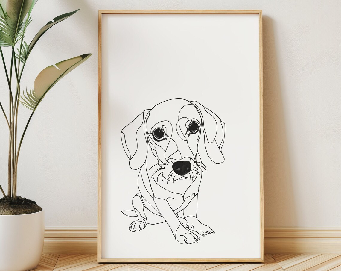 Beagle Puppy Sitting Cute Playful Minimal Line Drawing Art Poster
