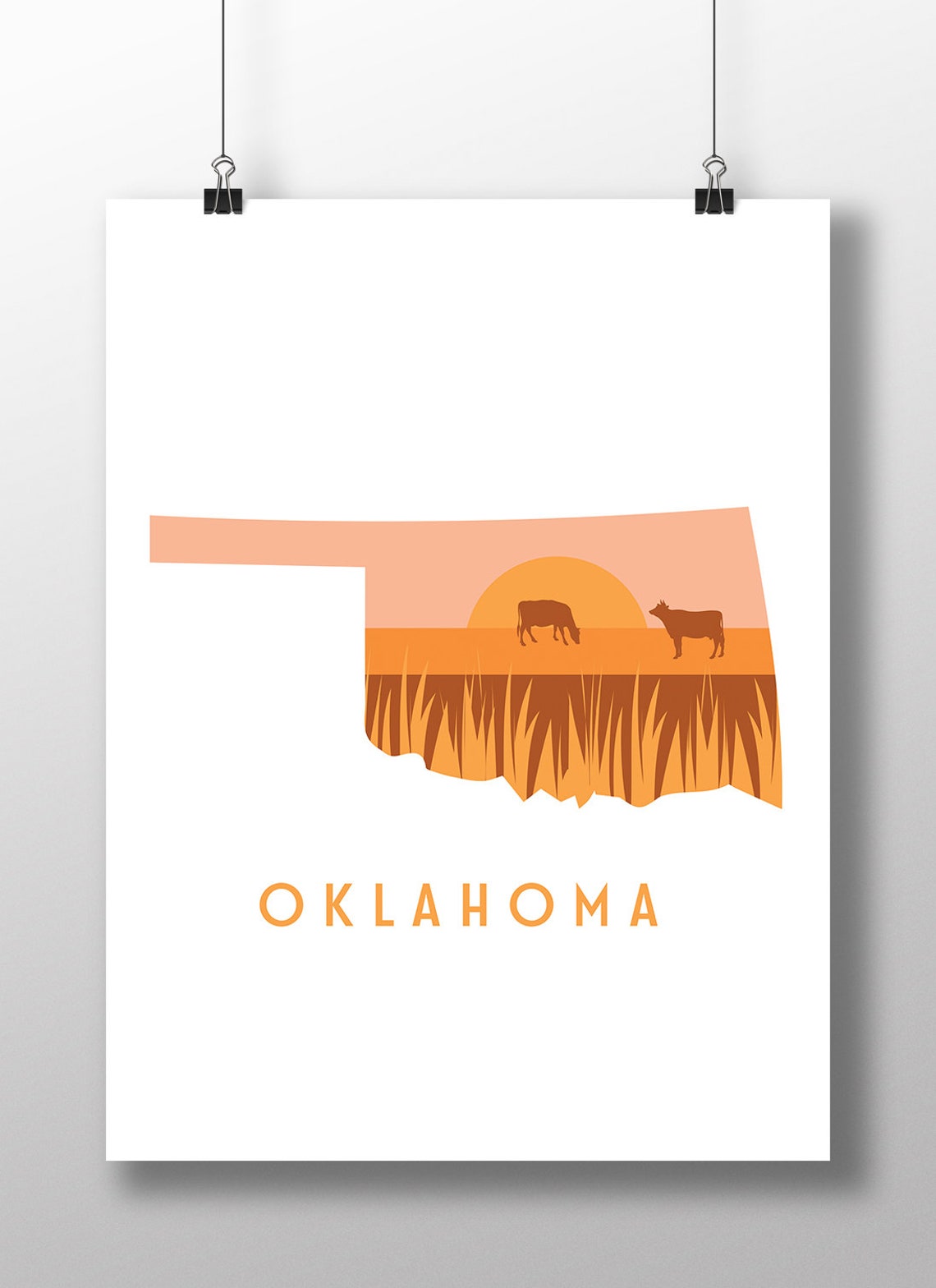 Oklahoma Minimalist Golden Sunset Cattle Prairie State Poster