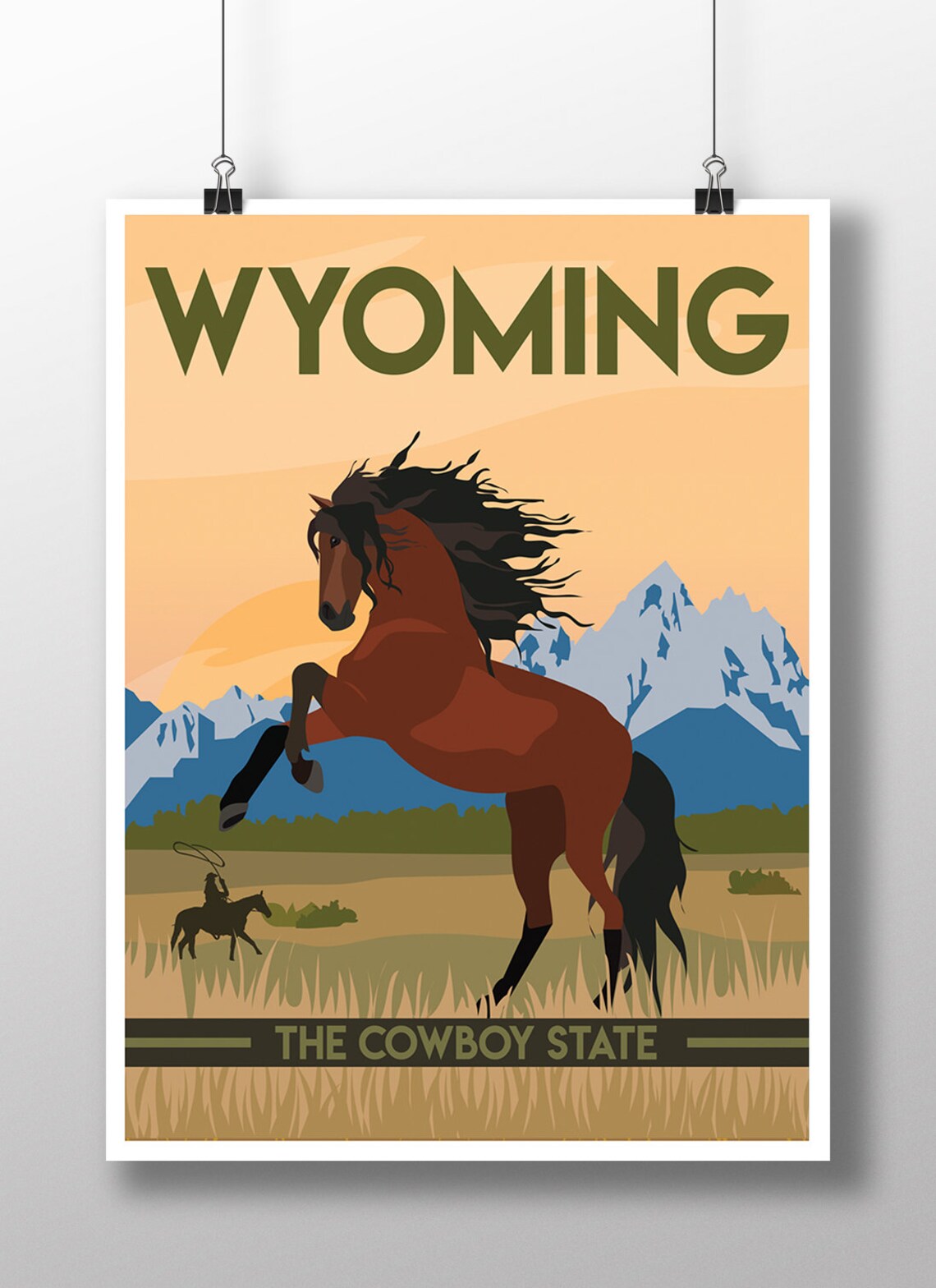 Wyoming The Cowboy State Horse Mountains Western Vintage Travel Poster