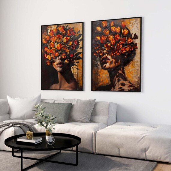 Orange Tulip Face Portraits Pair Two Piece Set Moody Floral Poster