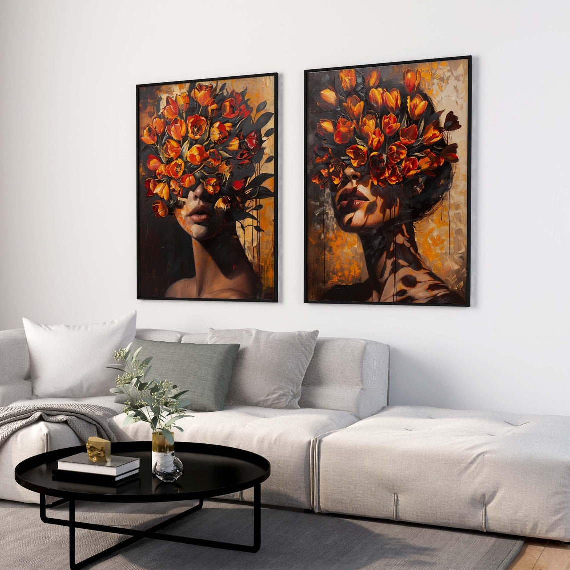 Orange Tulip Face Portraits Pair Two Piece Set Moody Floral Poster