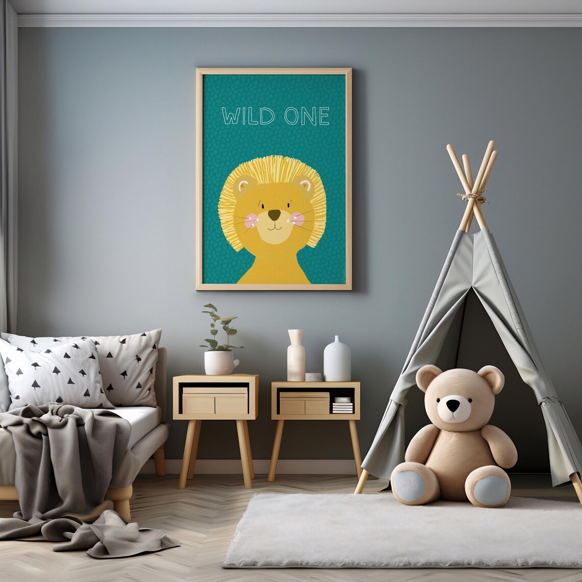 Wild One Cute Lion Teal Nursery Kids First Birthday Party Decor Poster - Image 2
