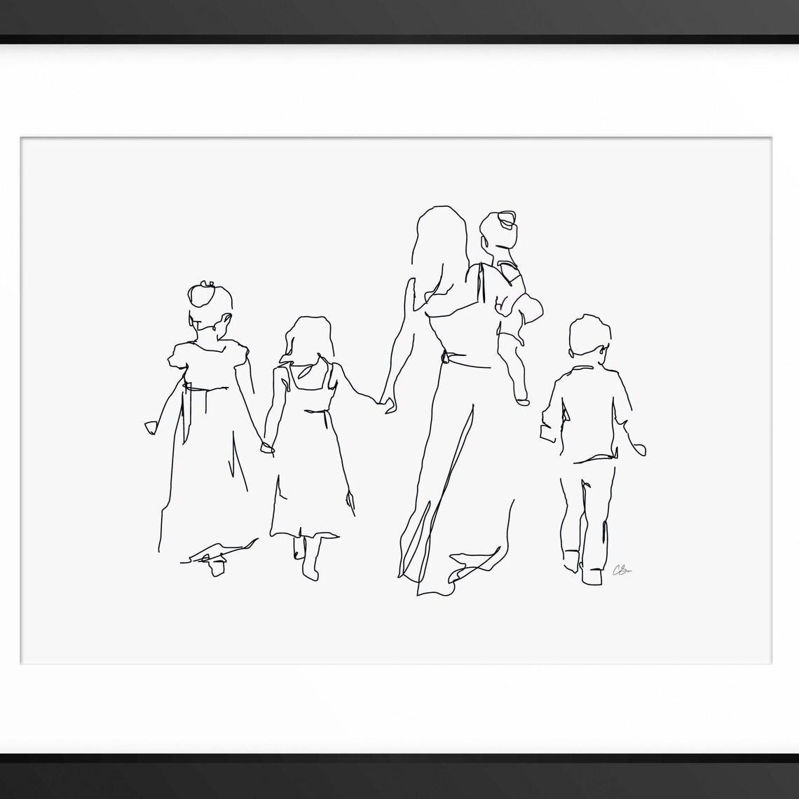 Mother and Four Children Walking Away Together Line Art Poster