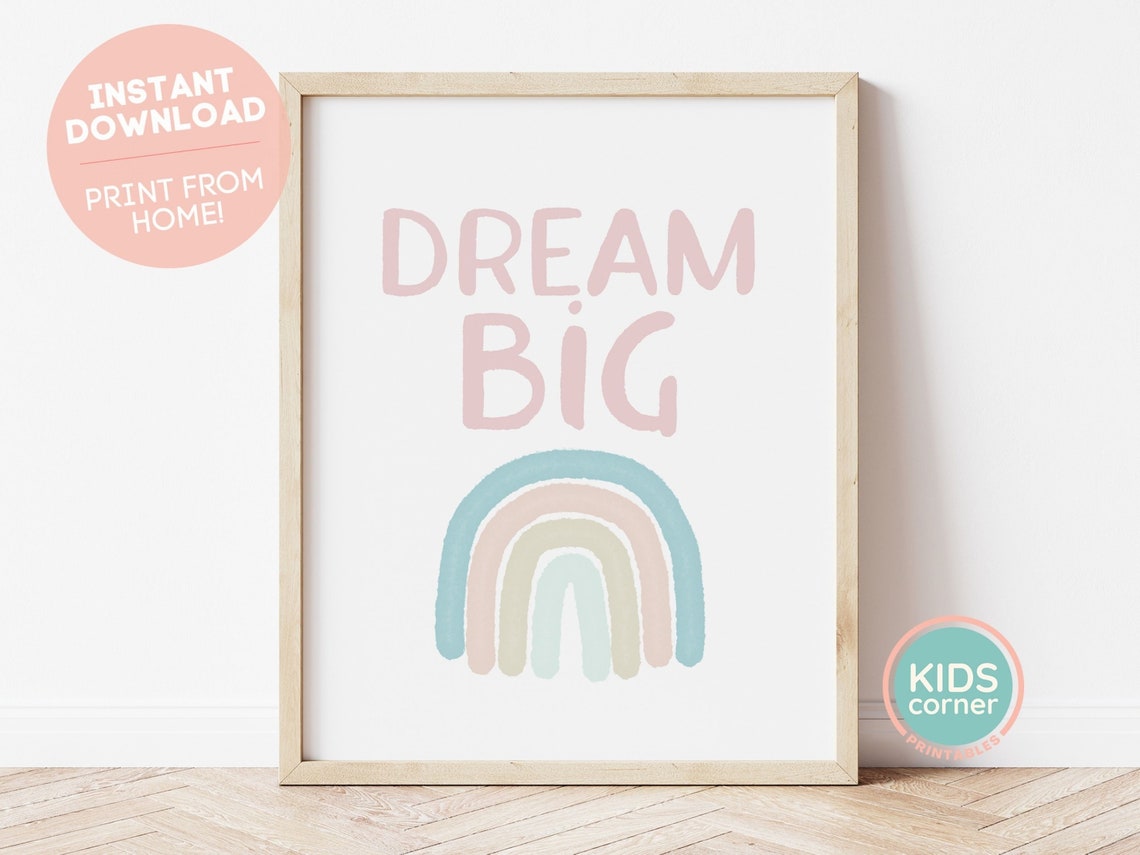Dream Big Pastel Rainbow Typography Nursery Kids Room Poster
