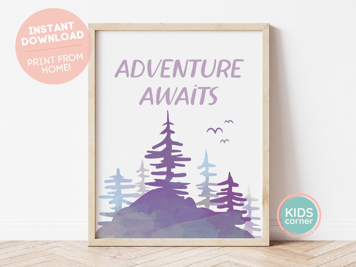 Adventure Awaits Lavender Purple Pine Forest Watercolor Print