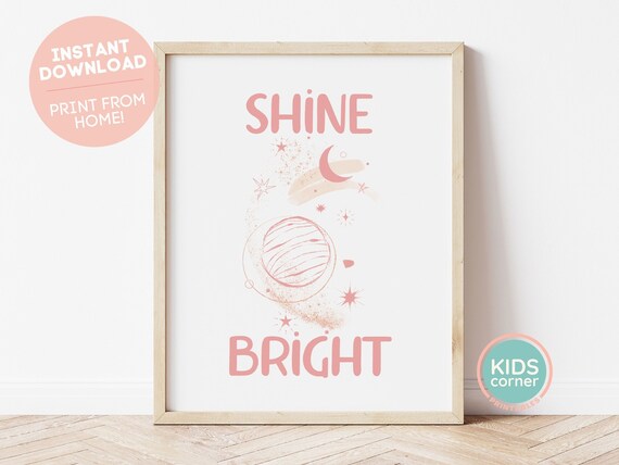 Shine Bright Blush Pink Planet Moon Stars Space Nursery Poster