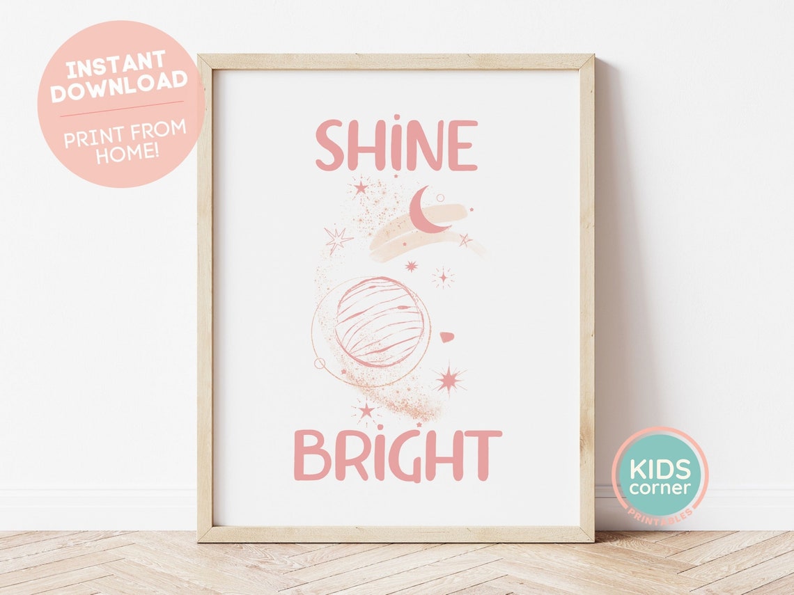 Shine Bright Blush Pink Planet Moon Stars Space Nursery Poster