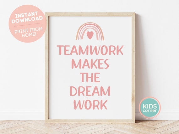 Teamwork Makes The Dream Work Print Rainbow And Heart Print Classroom Art Print Positive Message Art Pink