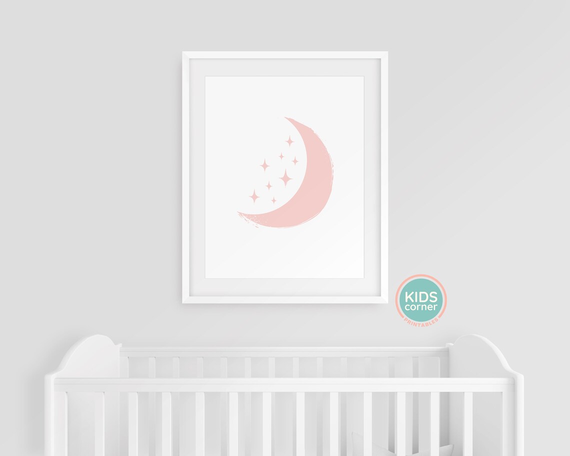 Pink Watercolor Moon And Stars Night Sky Kids Nursery Poster - Image 3
