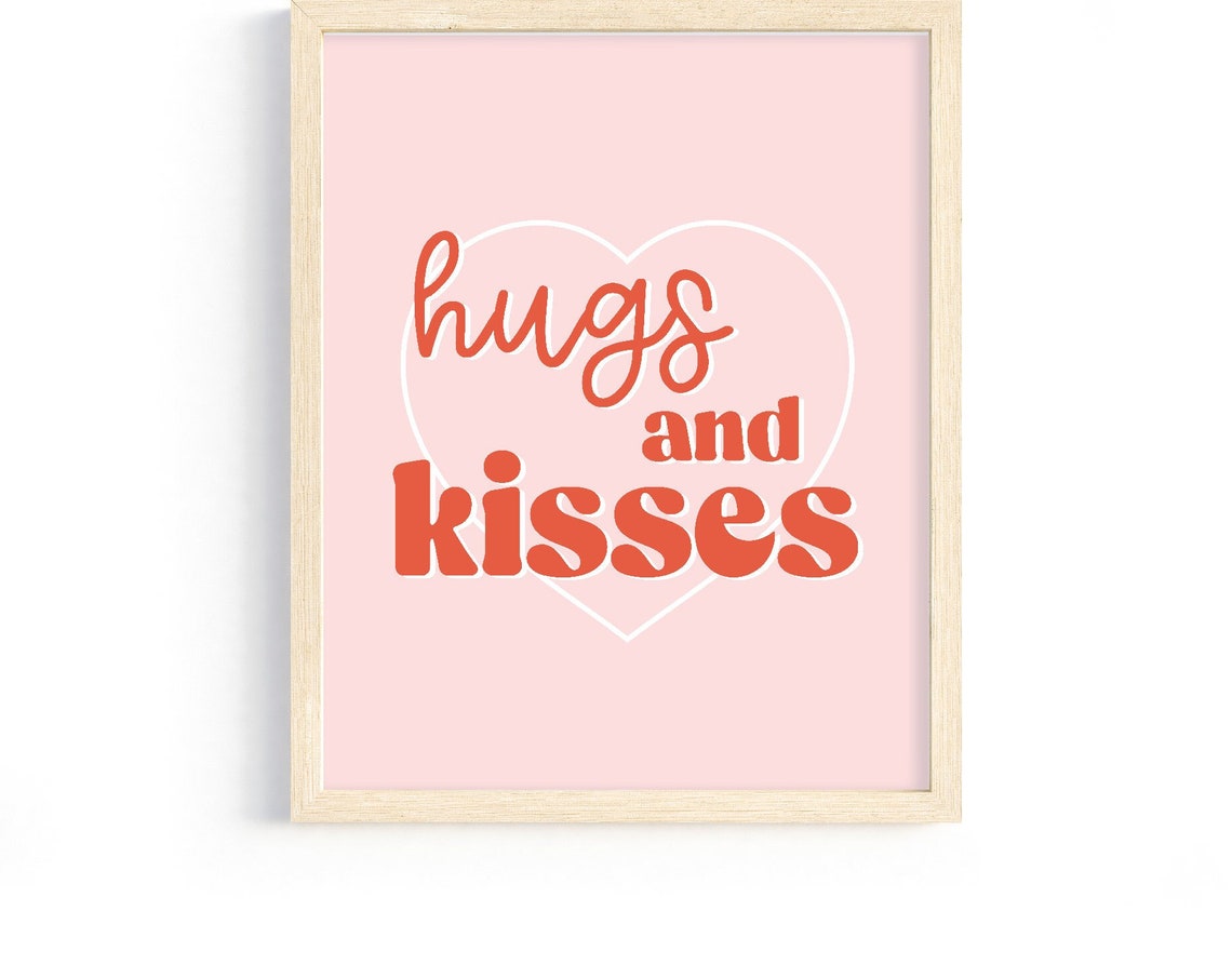 Hugs And Kisses Retro Script Red Pink Heart Valentine Wall Poster