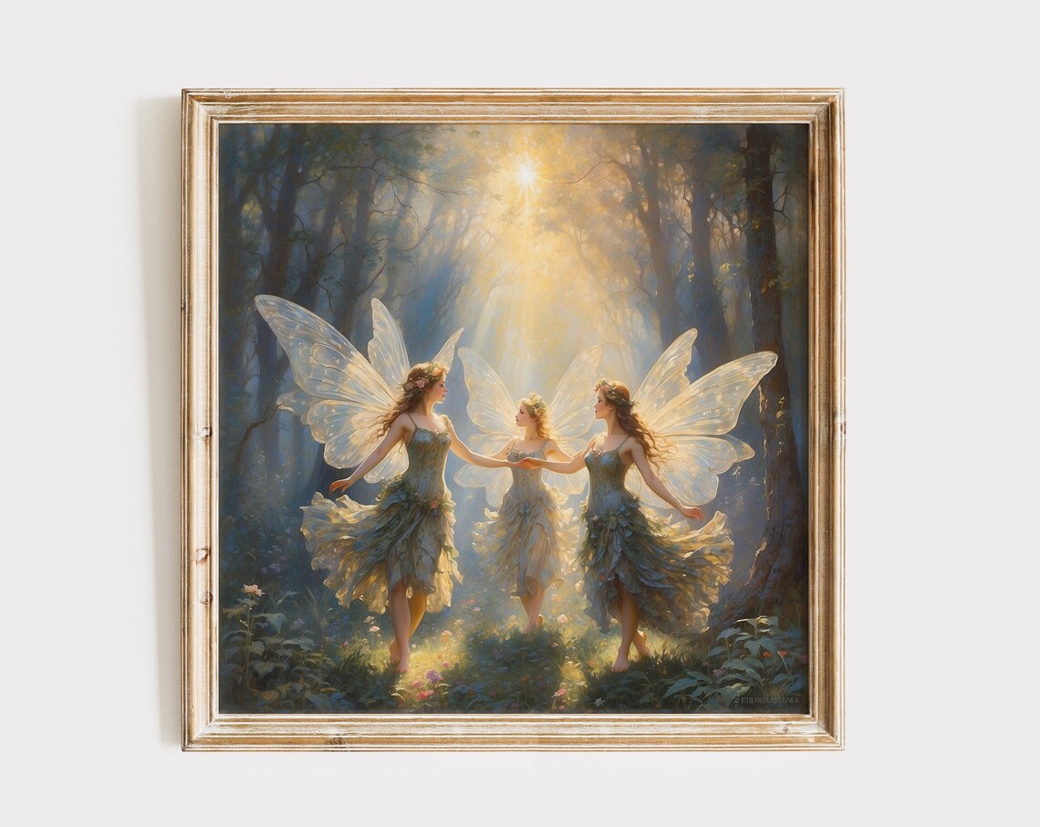 Three Fairies Dancing Together in a Sunbeam Filled Forest Poster