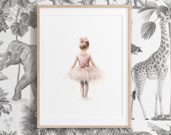Little Ballerina Girl in Pink Tutu Watercolor Nursery Art Poster