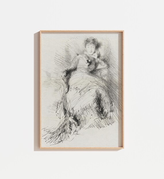 Antique Sketch Drawing Of Woman Vintage Portrait Print