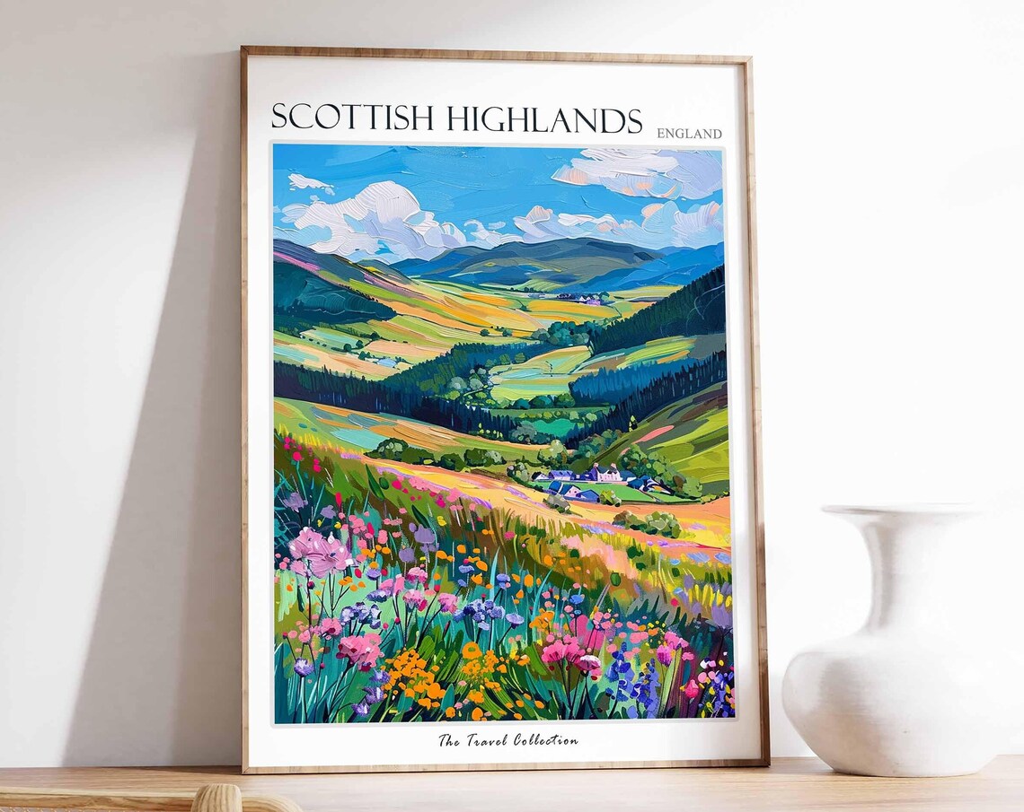 Scottish Highlands Layered Valley Wildflower Vista Travel Poster