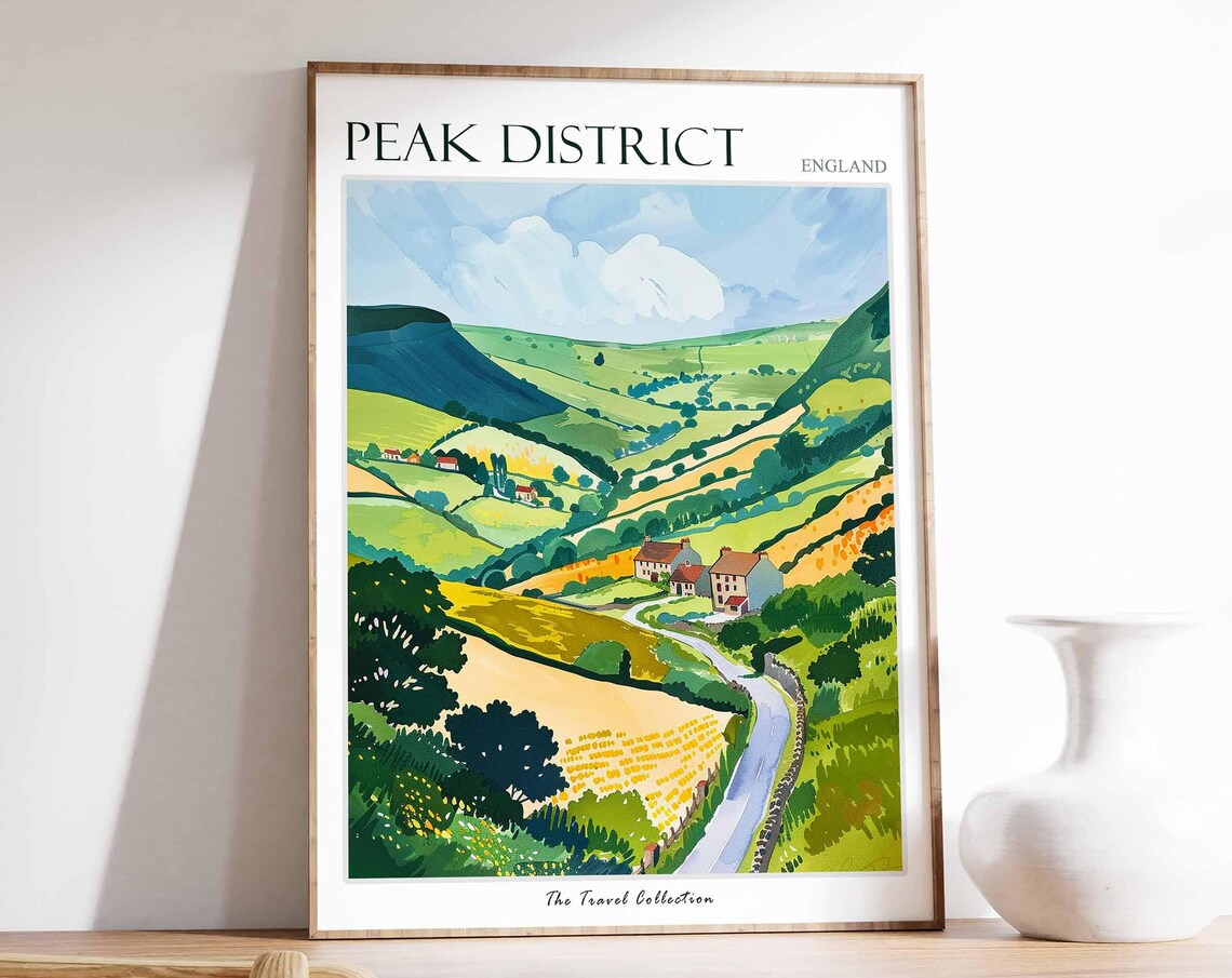 Peak District England Green Rolling Hills Farmhouse Valley Art Travel Poster