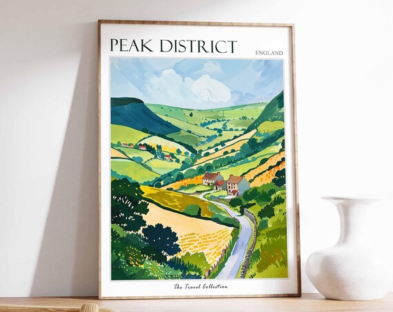 Peak District England Green Rolling Hills Farmhouse Valley Art Travel Poster