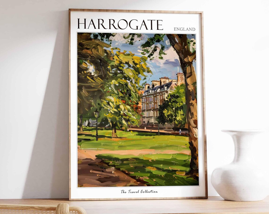 Harrogate England Sunlit Park Grand Building Scene Travel Poster