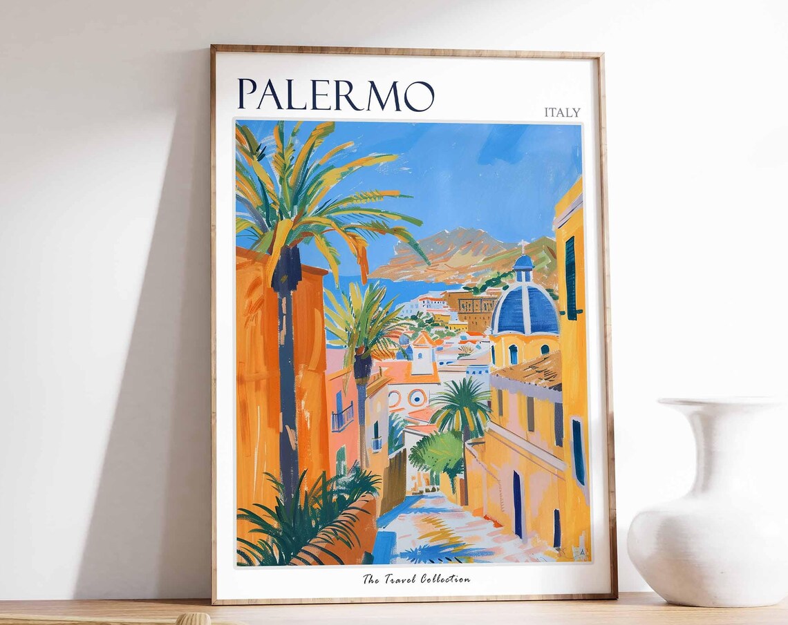 Palermo Sicily Italy Palm Lined Street Blue Dome Church Poster
